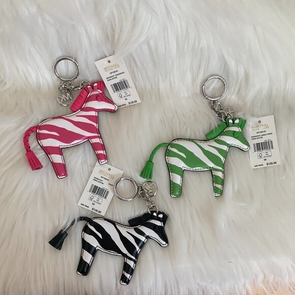 MICHAEL KORS Zebra Leather Charm Key Rings SET of 3 - Picture 1 of 7